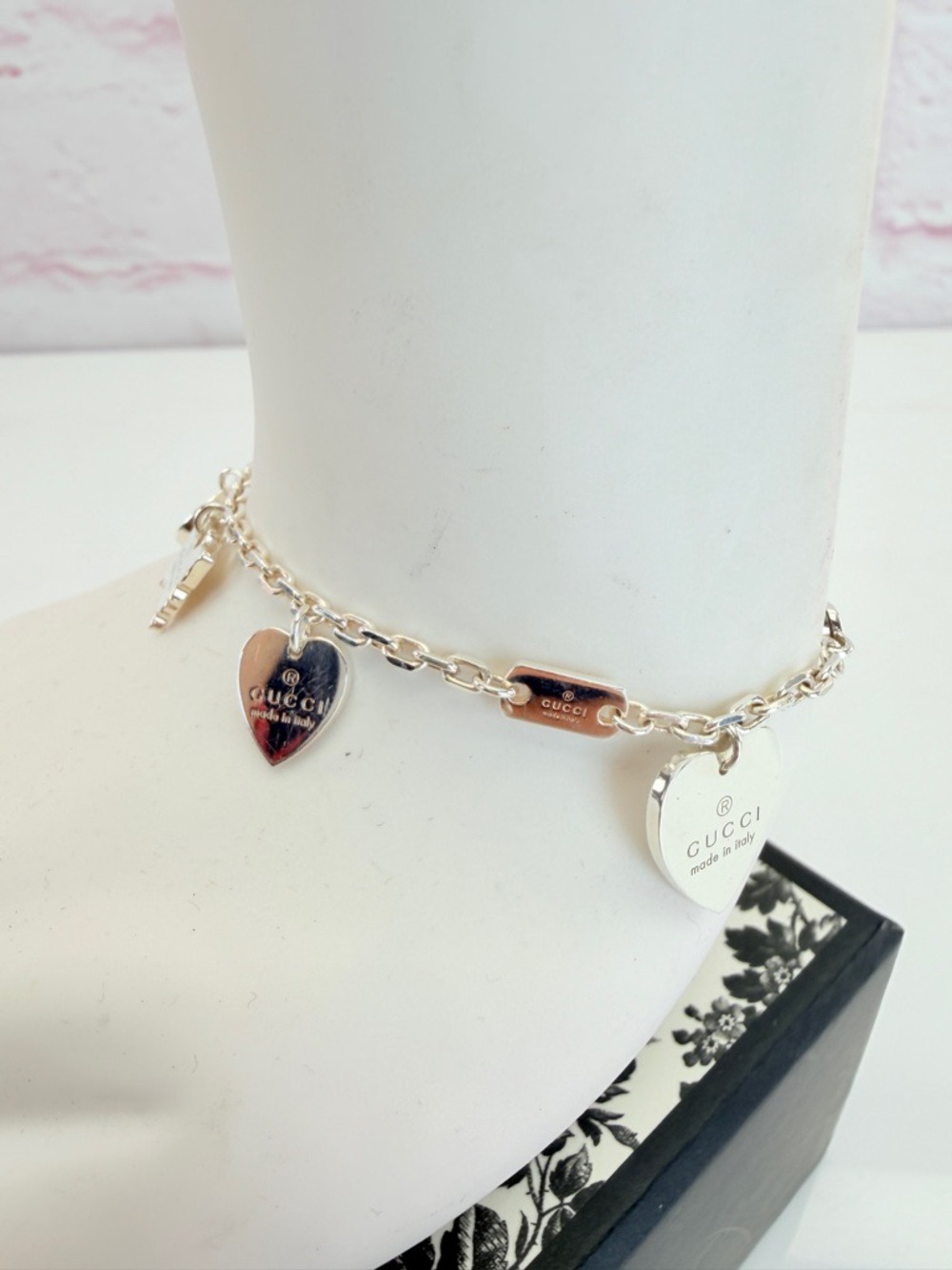 Gucci Trademark Heart Charm Sterling Silver Bracelet - Picture 6 of 12